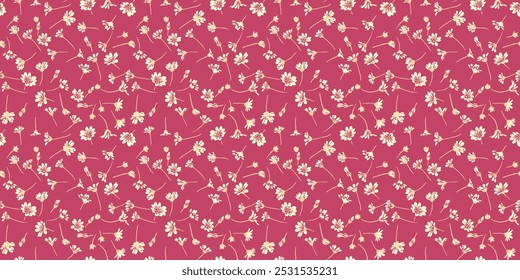 Elegant pattern with tiny flowers and small buds. Abstract artistic floral seamless print on a burgundy background. . Vector hand drawing sketch. Design for fashion, fabric, wallpaper, textiles,