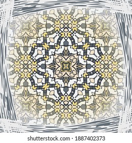 Elegant  pattern in white yellow blue for decoration. Print for paper wallpaper, tiles, textiles, neckerchief. Frame.