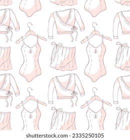 Elegant pattern of women's clothing on white background. Ballerinas style outfit outlines