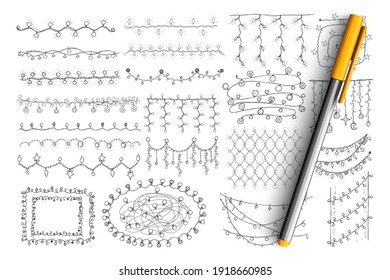 Decoración elegante y conjunto de líneas de doodle. Colección de líneas y patrones decorativos vintage dibujados a mano con elementos florales y curvados colgando y haciendo que los círculos se aíslen sobre fondo transparente