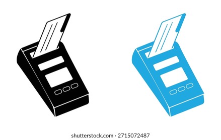 Elegante terminal de pagamento com cartão. Terminal de PDV cinza com cartão de crédito inserido e ícone de recibo impresso isolado no fundo branco. Conceito de pagamento NFC.  Ilustração de vetor