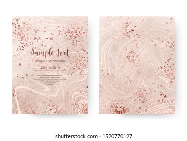 Elegant peach dust marble celebration invitation cards with rose gold sparkle splatter texture.