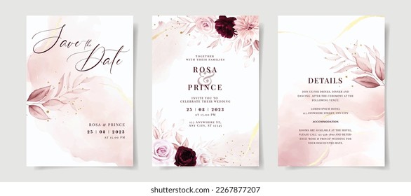 Elegant peach pink watercolor and floral leaves on wedding invitation card template