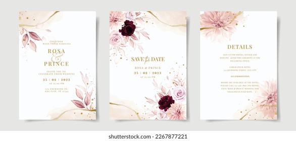 Elegant peach pink watercolor and floral leaves on wedding invitation card template