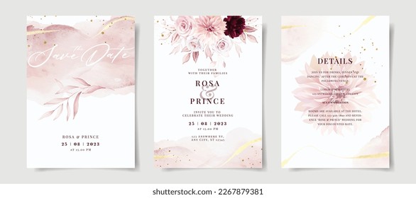 Elegant peach pink watercolor and floral leaves on wedding invitation card template