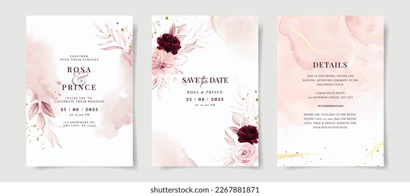 Elegant peach pink watercolor and floral leaves on wedding invitation card template