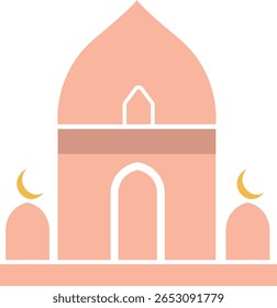 Elegante vetor de mesquita cor de pêssego com grande cúpula central e luas de crescente, ótimo para o conteúdo do Ramadã, Eid ou arquitetura islâmica.
