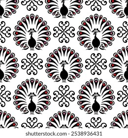 Elegant peacock damask pattern with intricate black and red details on a white background, perfect for textiles, wallpapers, and decorative designs.