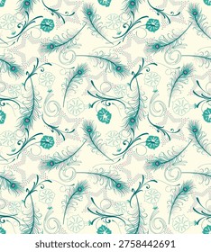 Elegant Peacock Feather Seamless Pattern with Halftone Star Details and Floral Swirls