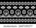 Elegant peacock and floral seamless pattern in black and white, ornamental vector design inspired by Asian traditional art, perfect for textile, wallpaper, or digital decoration.