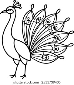 Elegant Peacock Line Drawing with Detailed Tail Feathers for Coloring or Decorative Design