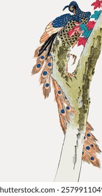 Elegant peacock perched on a tree branch. Vibrant peacock feathers, intricate details. Peacock in nature, showcasing colorful plumage. Serene peacock scene. Vintage bird illustration vector.