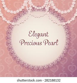 elegant pearl necklace curtain on purple brown lace background card template