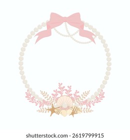 Elegante Pearl e Seashell Wreath com arco rosa. Quadro de pérolas com elementos oceânicos e fita rosa. Quadro de círculo com tema de oceano para saudações. Coroa de Casamento de Decoração Costeira Romântica.