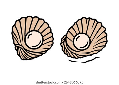 Elegant Pearl Vector Line Art Illustration with Shells for Jewelry and Marine Design