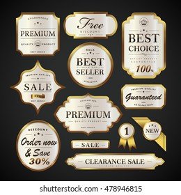 Elegant pearl white labels set, glossy labels with golden frame over black background