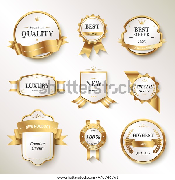 Elegant pearl white labels set, glossy labels\
with golden frame over beige\
background