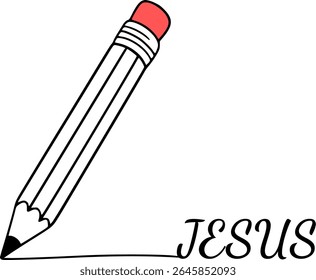 Elegante Lápis Escrevendo "Jesus" - Salmo 45:1 Arte Vetorial Cristã Inspirada - "Minha Língua É uma Caneta Pronta de um Escritor Hábil" - Mínima Ilustração de Fé Preto e Branco para T-shirts e Impressões