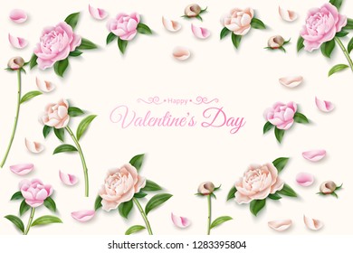 Elegant peonies pattern frame with happy valentines day inscription. Pastel flower vintage backdrop for romantic holiday invitation, greeting card design. Vector illustration
