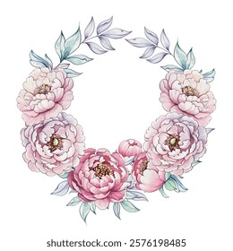 Elegant peony blossoms encircle in soft hues, showcasing intricate details in a graceful watercolor depiction of floral beauty template, background, frame