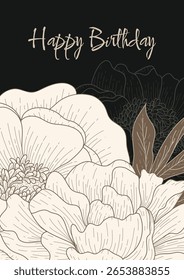 Elegant Peony Greeting Card on the  Dark background  – Vector Illustration.  Perfect for wedding invitations, birthday cards, romantic messages, or seasonal greetings. Ideal for stylish and luxurious 