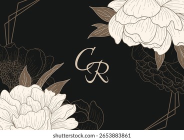 Elegant Peony Greeting Card on the  Dark background  – Vector Illustration.  Perfect for wedding invitations, birthday cards, romantic messages, or seasonal greetings. Ideal for stylish and luxurious 