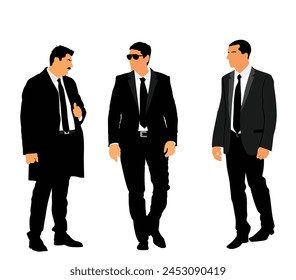 Elegant people, handsome man in suite and tie vector illustration isolated. President protect bodyguard. Secret service crew observing crowd. Agent on duty. Male guard on concert event keeps security.