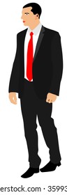 Elegant people, handsome man in suite and tie vector illustration isolated. President protect bodyguard. Secret service crew observing crowd. Agent on duty. Male guard on concert event keeps security.