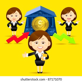 Elegant People Series | Beautiful Business Woman With Finance ,up,down Arrow And Coin.