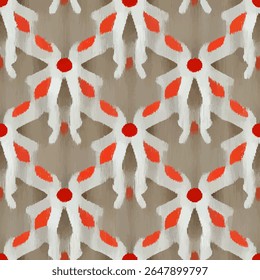 Elegant and perfectly symmetrical pattern of white snowflakes with orange accents, grunge lines ikat pattern, ikat seamless pattern, Vector illustration background for print the paper.