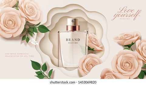 Elegant perfume ads with paper beige roses decorations in 3d illustration