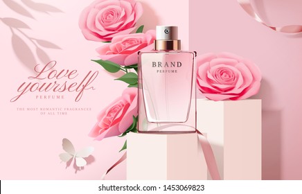 Elegant perfume ads with paper light pink roses decorations in 3d illustration