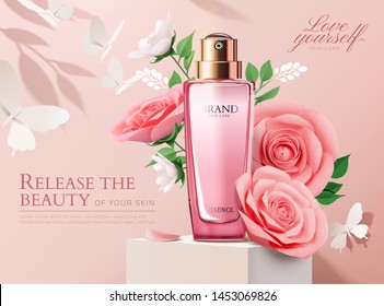 Elegant perfume ads with paper light pink roses decorations in 3d illustration