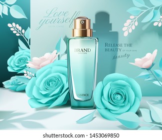 Elegant perfume ads with paper light blue roses decorations in 3d illustration