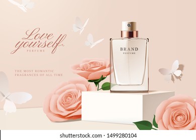 Elegant perfume ads with paper roses and butterflies elements in 3d illustration