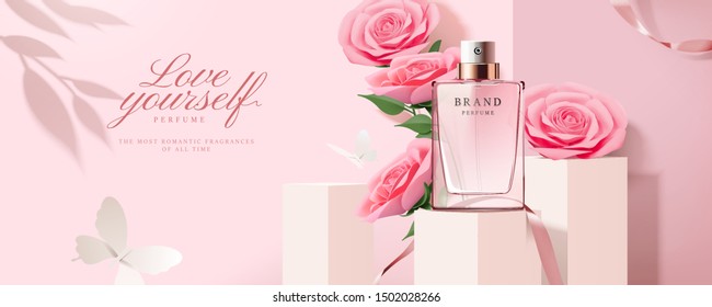 Elegant Perfume Banner Ads With Product On Square Podium And Paper Roses Decorations In 3d Illustration