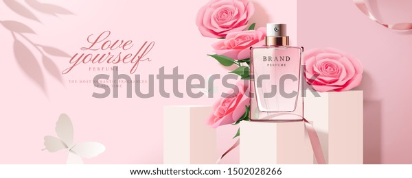 四角い表紙に製品が付いた優雅な香水のバナー広告と 3dイラストに紙のバラの装飾 のベクター画像素材 ロイヤリティフリー