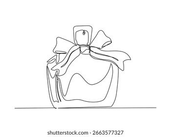 Elegante botella de perfume con lazo en una sola ilustración de contorno. Dibujo continuo del arte de la línea de la botella de perfume de lujo.