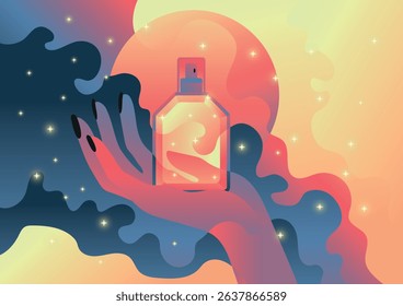 Elegant Perfume Bottle in a Dreamy Cosmic in woman hand Atmosphere, nostalgic, vaporwave	