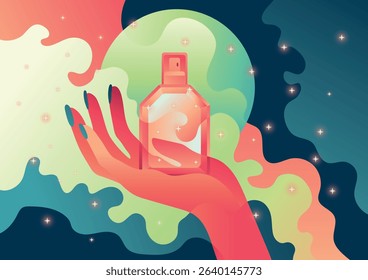 Elegant Perfume Bottle in a Dreamy Cosmic in woman hand Atmosphere, nostalgic, vaporwave	