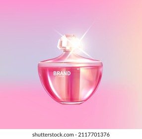 Elegant perfume bottle. Expensive present for women, luxurious life, pleasant aroma. Beauty and style, advertising banner, picture for fashion magazine. Cartoon volumetric vector illustration