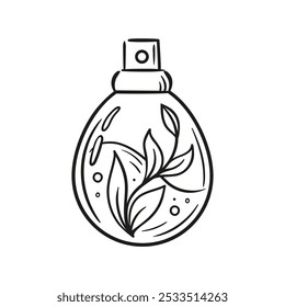 Una botella de perfume elegante con un diseño herbal sofisticado para una apariencia estéticamente agradable. Ilustración vectorial en estilo sketch. Para la etiqueta engomada, empaquetado, elemento del diseño