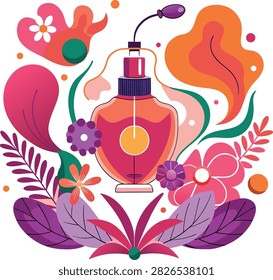 Elegant perfume bottle vector illustration surrounded by colorful abstract flowers, leaves, and organic shapes representing aroma
