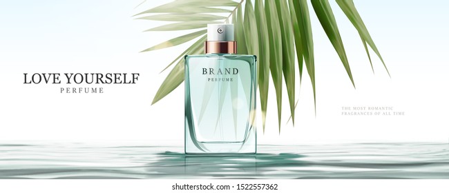 Elegant perfume glass bottle ads upon water surface in 3d illustration