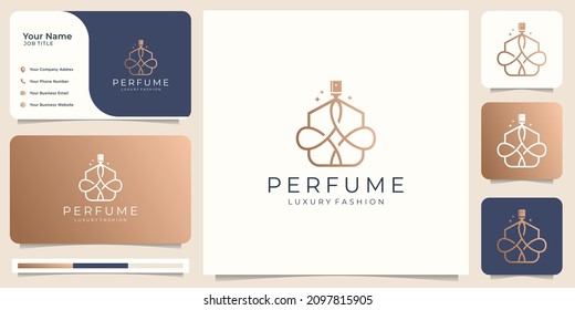 elegant perfume glass bottle logo template linear style design and business card premium.