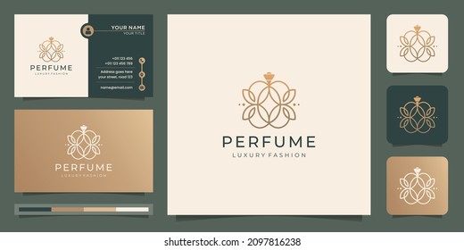 elegant perfume glass bottle logo template linear style design and business card premium.