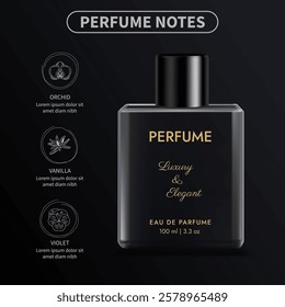 Elegant perfume glass bottle mockup with icon notes