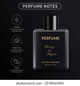 Elegant perfume glass bottle mockup with icon notes