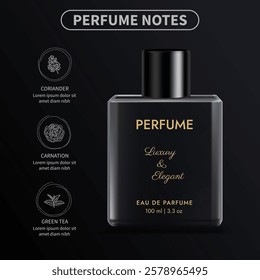 Elegant perfume glass bottle mockup with icon notes