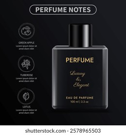 Elegant perfume glass bottle mockup with icon notes